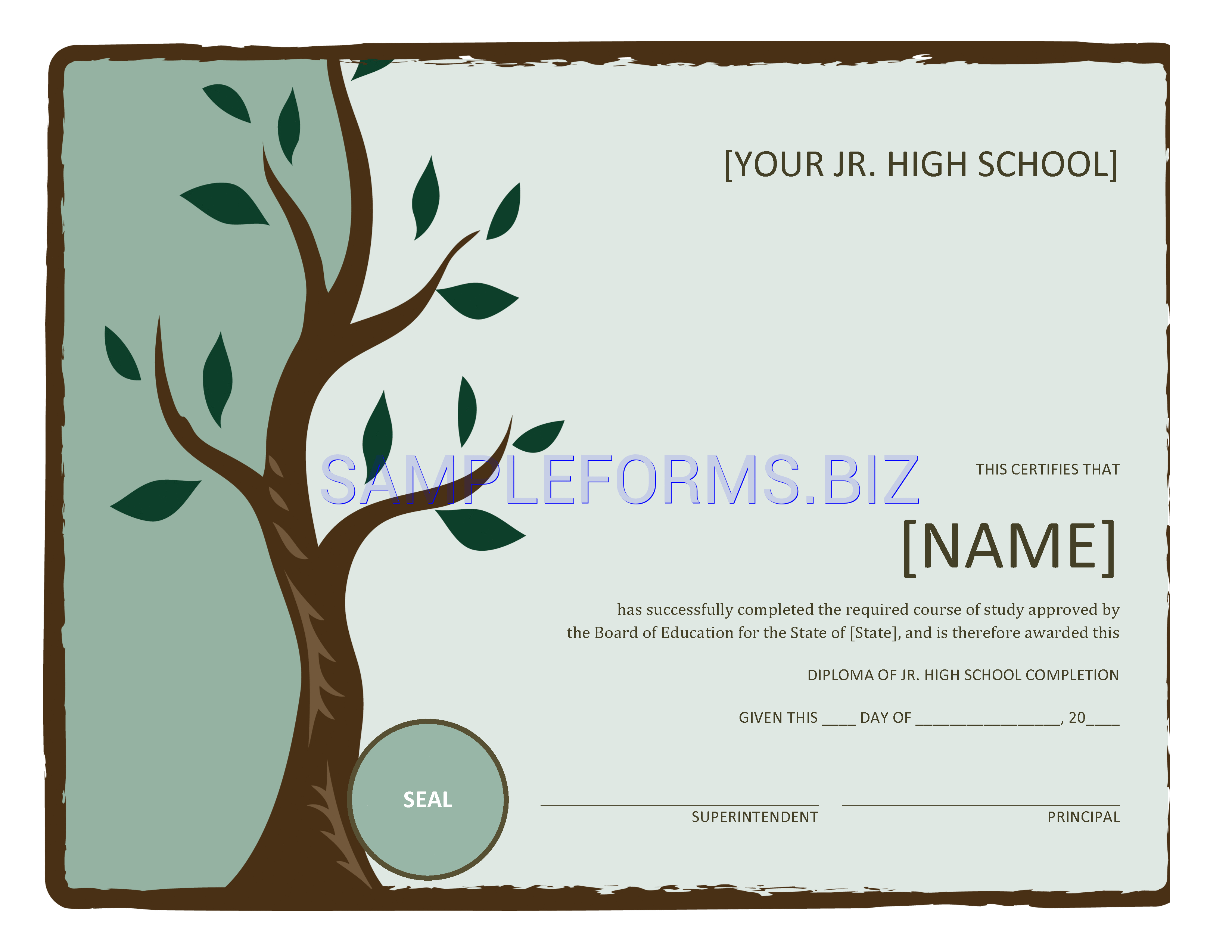 Preview free downloadable Jr. High School Diploma (With Tree) in PDF (page 1)